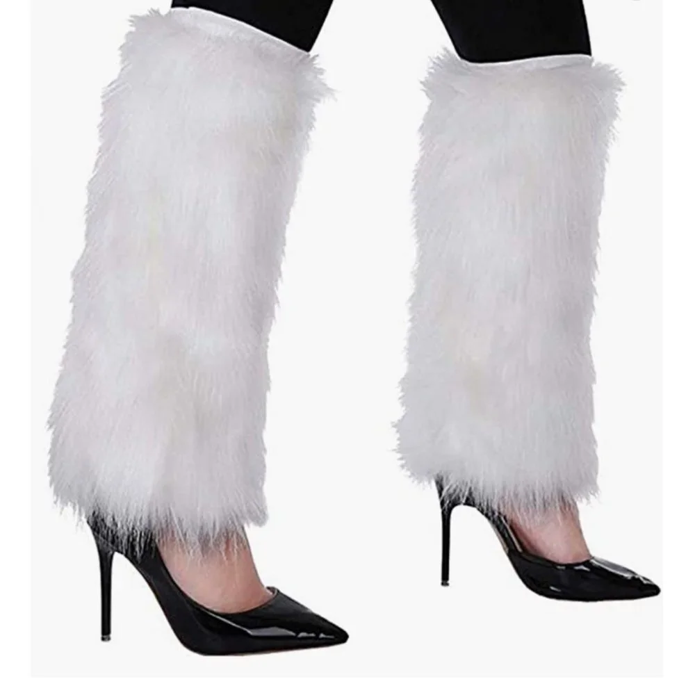Tall White Fuzzy Faux Fur Long Cuff Ankle Boot Covers‎ Leg Warmer Socks